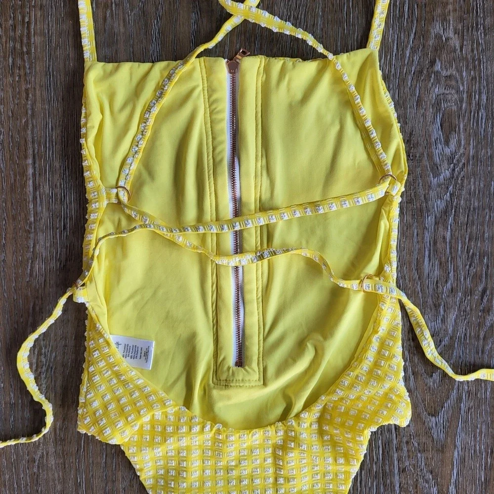 Blue Life Yellow Gingham Textured Zip Front One Piece Swimsuit Small Tie Back